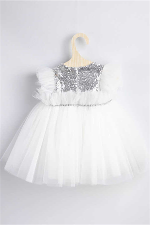 Kolsuz Gri Fiyonklu Beyaz Tütü Elbise - Celine