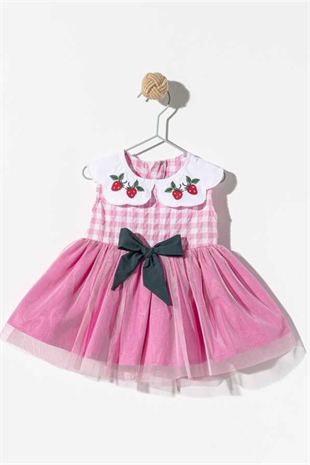 Kolsuz Pembe Çilek Tütülü Kız Bebek Elbise - Nina
