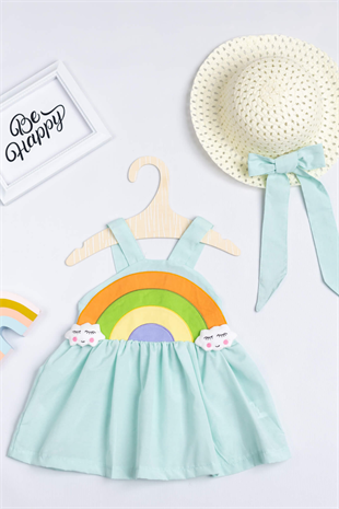 Mavi Gökkuşağı Aplikeli Şapkalı Kız Çocuk Elbise Set - Liya