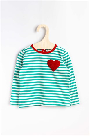 Mint Çizgiili Kalp Detaylı Uzun Kollu Kız Çocuk Tişört - Cherina