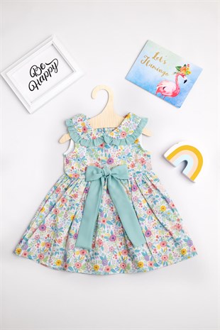 Mint Fiyonklu Çiçek Desenli  Kız Çocuk Elbise - Larina