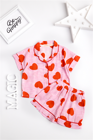Pembe Kalpli Şortlu Kız Çocuk Pijama