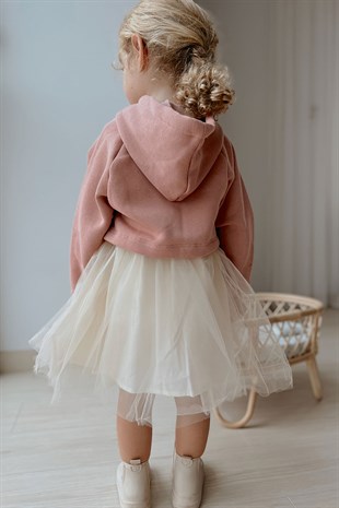 Pembe Papatya Desenli Kapüşonlu Sweat Elbise Takım - Fleur