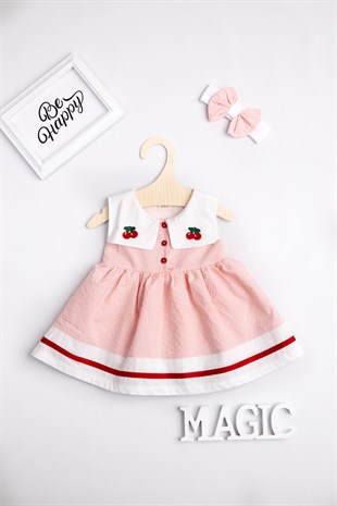 Pembe Yakası Kiraz Nakışlı Kolsuz Kız Bebek Elbise Set - Felicity