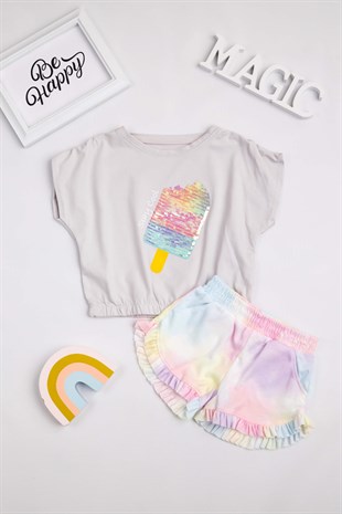 Pullu Dondurma Desenli Renkli Şortlu Kız Çocuk Takım - Sheron