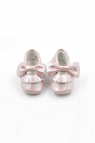 Silvery Pink Bow Tasseled Baby Shoes