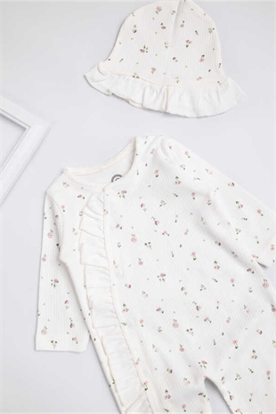 Uzun Kollu Beyaz Çiçekli Bebek Tulum Set - Elisa