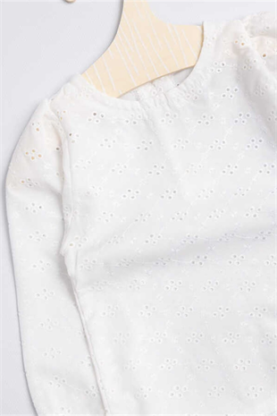 Long Sleeve White Embroidered  Girl Blouse