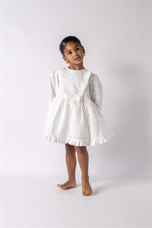 Long Sleeve White Embroidered Girl Dress- Adele