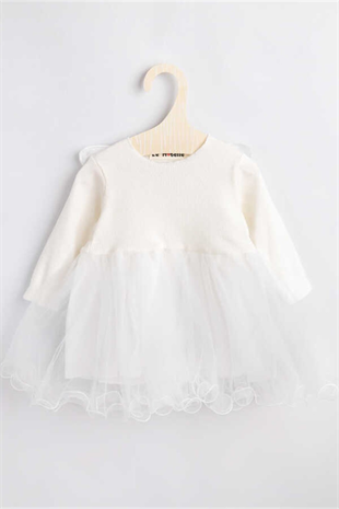Uzun Kollu Beyaz Kelebekli Kız Çocuk Elbise - Papillo