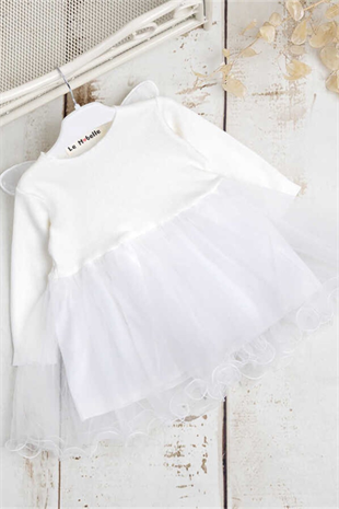 Uzun Kollu Beyaz Kelebekli Kız Çocuk Elbise - Papillo