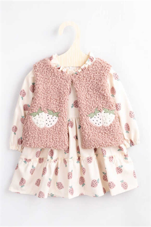 Uzun Kollu Gülkurusu Çilek Yelekli Kız Çocuk Elbise Set - Lupe