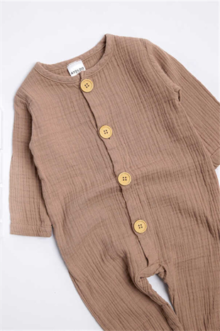 Long Sleeve Brown Button Muslin Baby Jumpsuit -Daniel