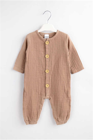 Long Sleeve Brown Button Muslin Baby Jumpsuit -Daniel