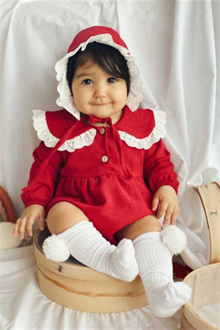 Uzun Kollu Kırmızı Kadife Kız Bebek Tulum Set - Marta