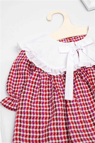 Uzun Kollu Kırmızı Kazayağı Kız Çocuk Elbise - Jamila