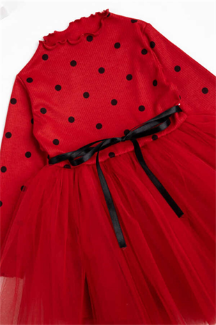 Uzun Kollu Kırmızı Puantiyeli Kız Çocuk Tütü Elbise - Linda