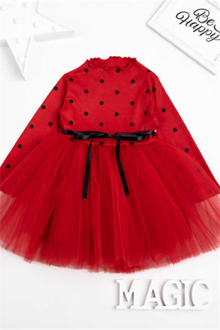 Uzun Kollu Kırmızı Puantiyeli Kız Çocuk Tütü Elbise - Linda