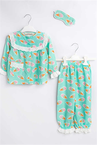 Long Sleeved Mint Green Ice Cream Embroidered Girls Pajamas Set