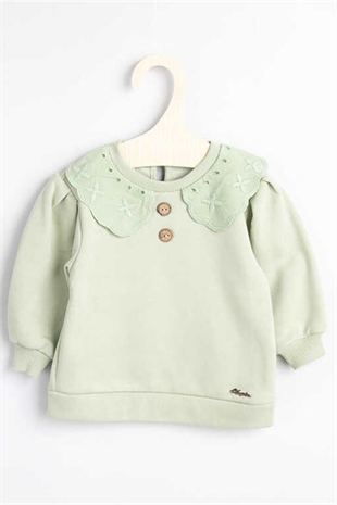 Long Sleeve Mint Green Embroidered Collar Girls Sweatshirt - Estela