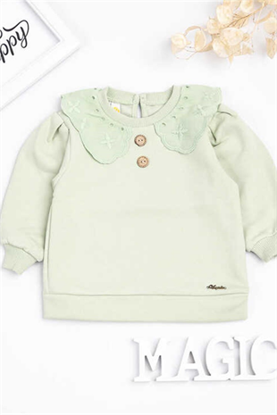 Long Sleeve Mint Green Embroidered Collar Girls Sweatshirt - Estela