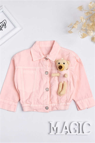 Long Sleeve Pink Teddy Bear Denim Jacket - Leira