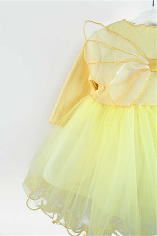 Uzun Kollu Sarı Kelebekli Kız Çocuk Elbise - Papillo