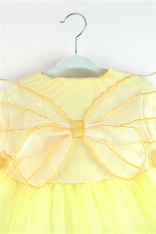 Uzun Kollu Sarı Kelebekli Kız Çocuk Elbise - Papillo