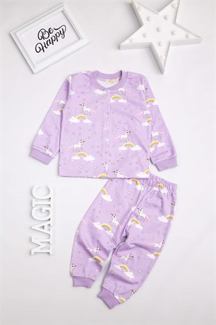 Uzun Kollu Unicorn Gökkuşağı Desenli  Lila Pijama Takımı - Lole