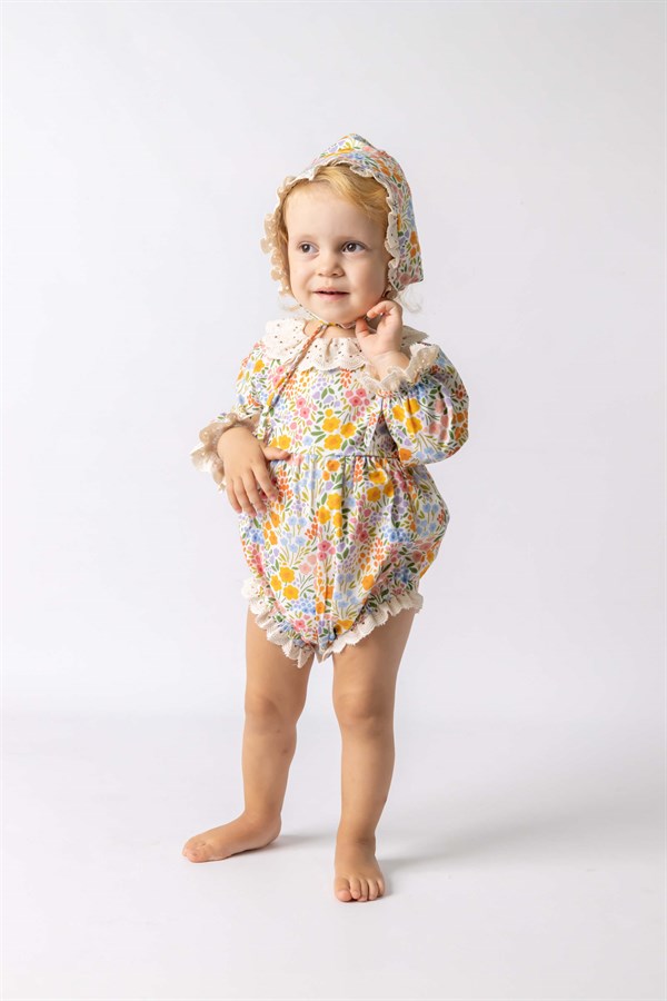 Turuncu Çiçekli Şapkalı Kız Bebek Tulum Set - Catherine